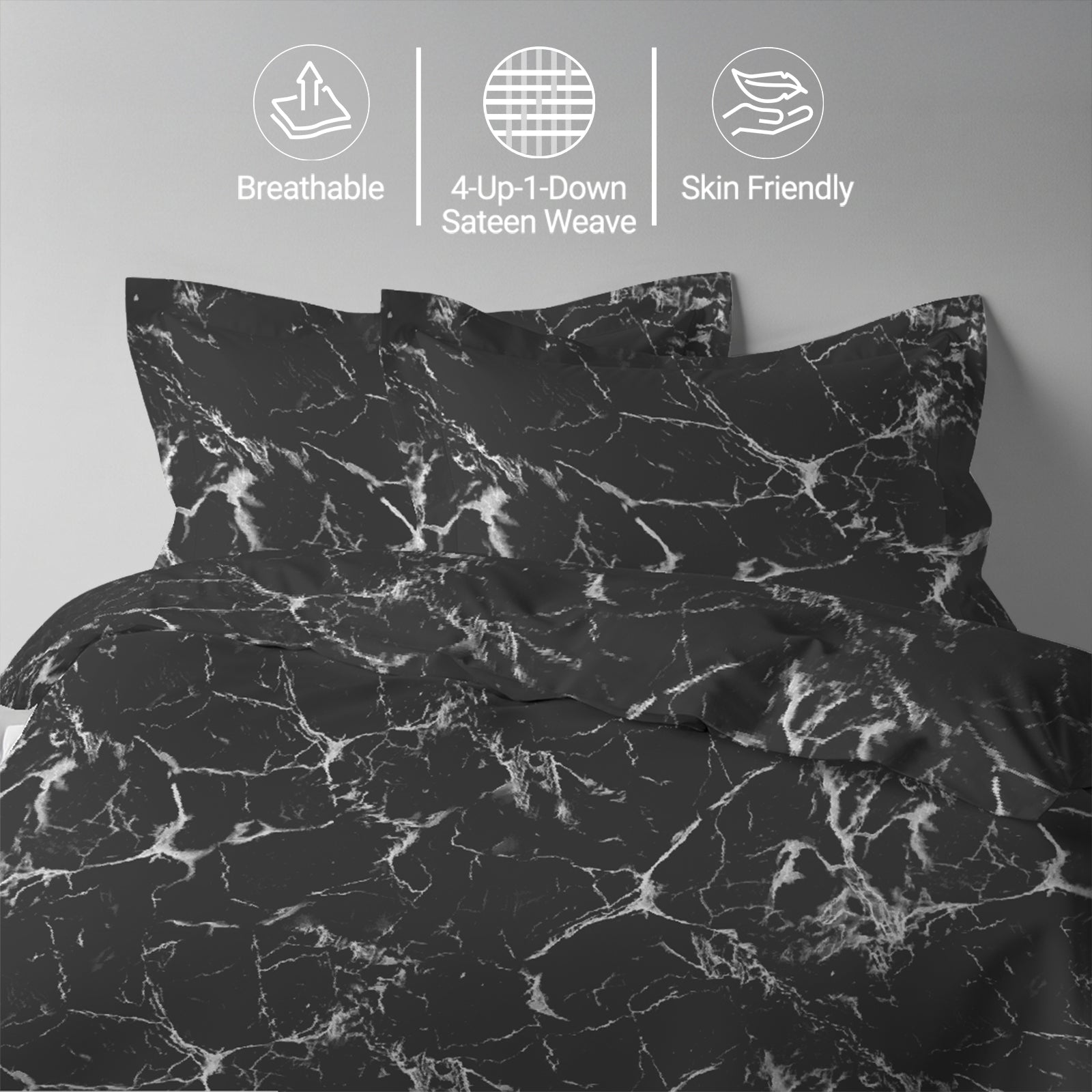 Marble black single size cotton duvet cover set by Pizuna Linens breathable skin friendly sateen weave